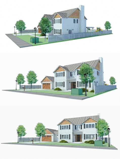 3d illustration Modern house with garden and garage 3d rendering