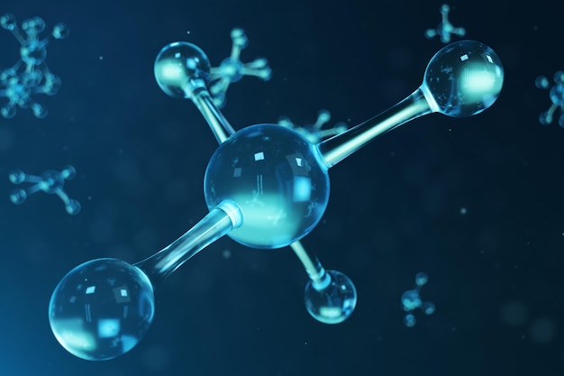 3D illustration molecule structure. Scientific medical background with atoms and molecules. Scientific background for your banner, flyer, template, text. Molecule consists of atoms chemical element.