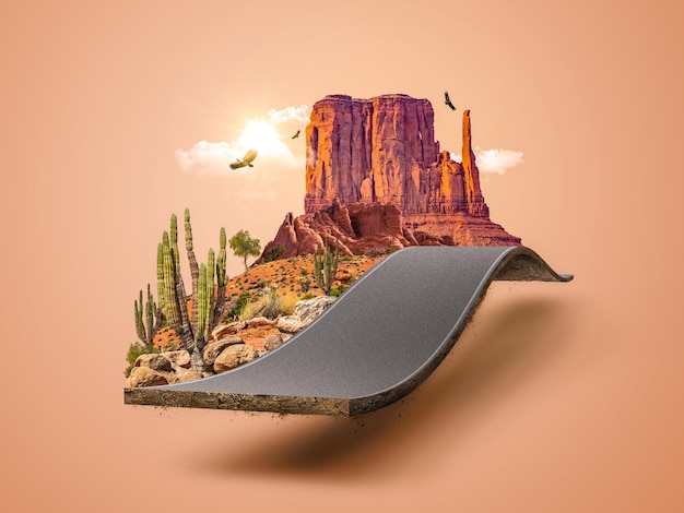 Photo 3d illustration of monument valley road isolated. beautiful desert road isometric.