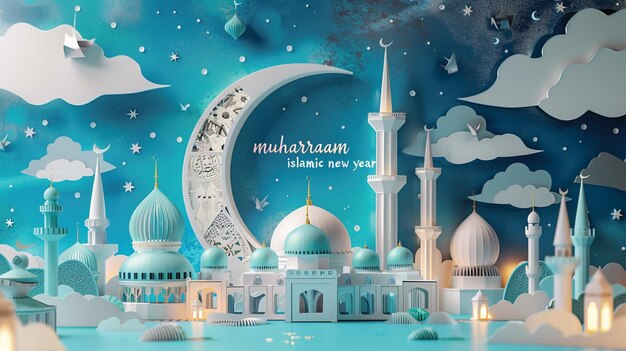 3Dイラスト モスクと月 ムハラム イスラム新年
