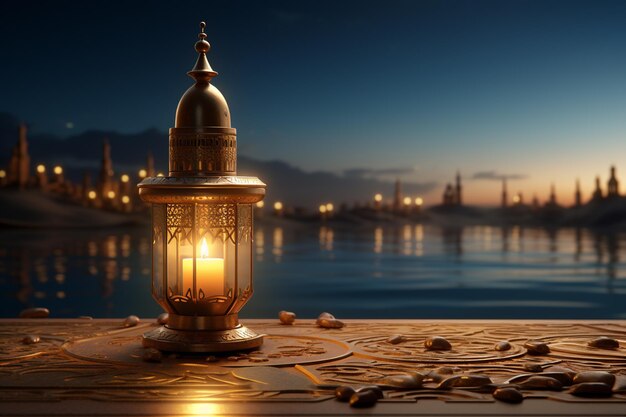 ラムザンの背景に月を描いた夜のモスクの3Dイラスト