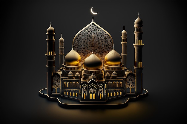 A 3d illustration of a mosque with a crescent moon in the background