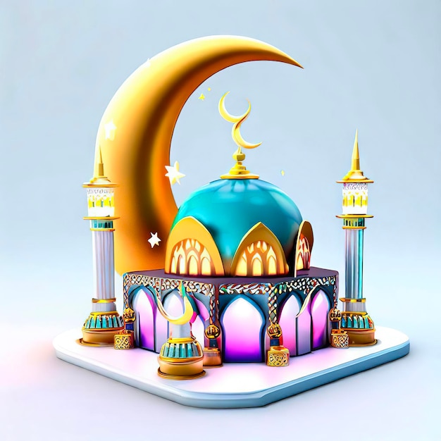 A 3d illustration of a mosque with a crescent moon in the middle.