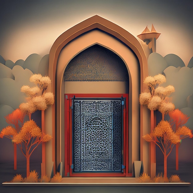 A 3d illustration of a mosque with a gate in the middle in muslim