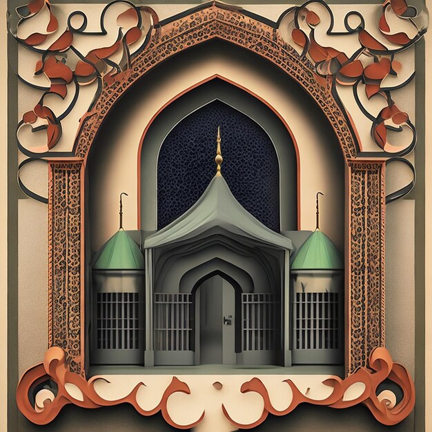 A 3d illustration of a mosque with a gate in the middle in muslim