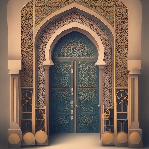 A 3d illustration of a mosque with a gate in the middle in muslim