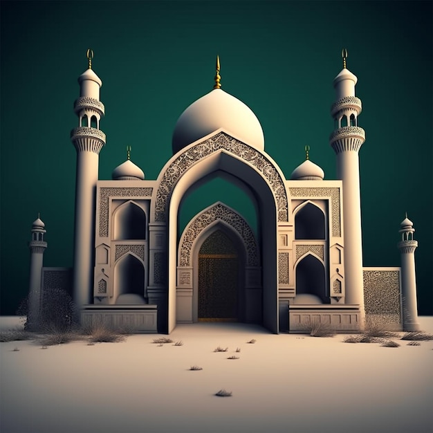 정면에 기하학적 디자인이 있는 모스크의 3D 일러스트레이션