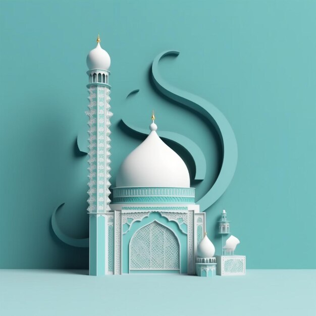 3D illustration of a mosque with a light blue moon