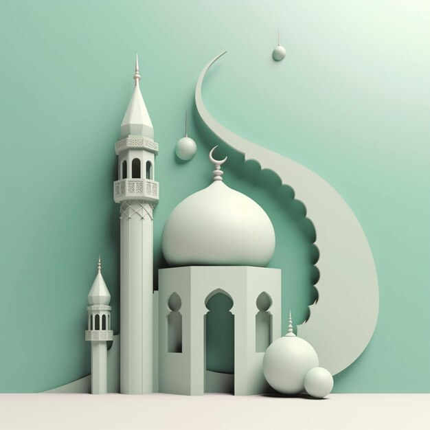 3D illustration of a mosque with a light blue moon