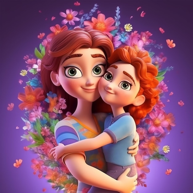 3d illustration of mother and daughter with colorful floral decoration mother's day background