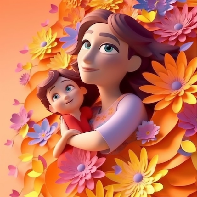 3d illustration of mother and daughter with colorful floral decoration mother's day background