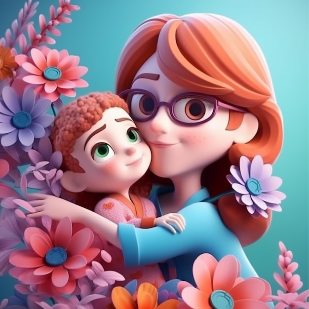 3d illustration of mother and daughter with colorful floral decoration mother's day background