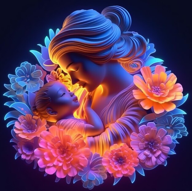 3d illustration of mother's day background with colorful neon light effect