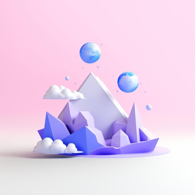 3d illustration of mountains clouds and planets on a pink background