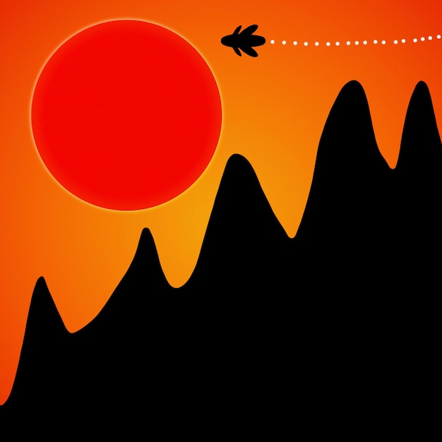 3D illustration of a mountains during sunrise with an abstract Airplane flying