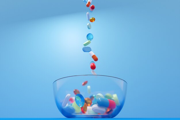 3d illustration of  multicolored and differently shaped pills