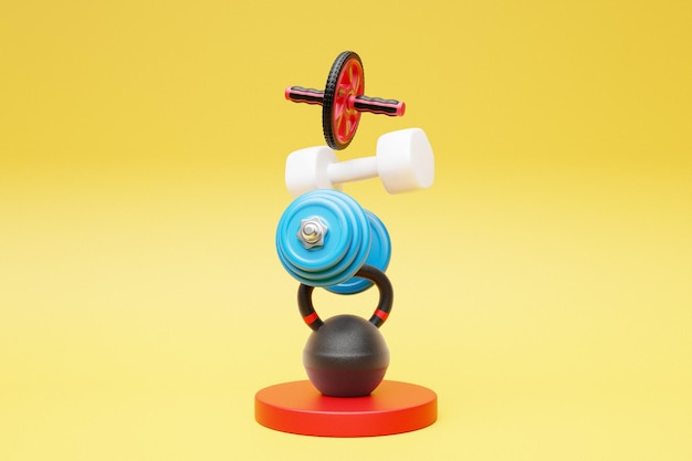 3D-иллюстрация многоцветного спортивного оборудования в форме пирамиды веса гантели гимнастические ролики для прессы Баннер магазина спортивных игр