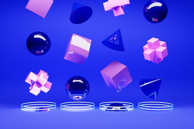 青い背景のポータルに落ちる多色の体積幾何学的形状の3Dイラスト