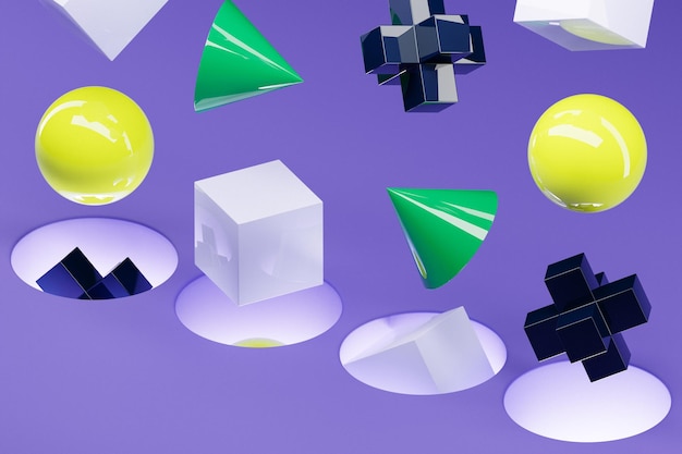 3D illustration of multicolored volumetric geometric shapes falling into a portal on a purple background