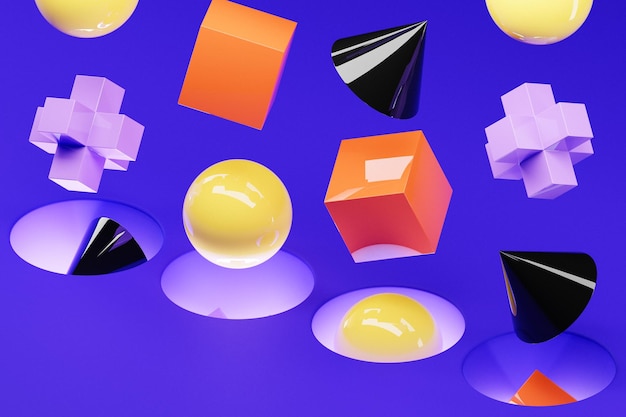 3D illustration of multicolored volumetric geometric shapes falling into a portal on a purple background