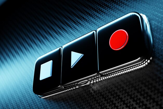 3d illustration of music switch button start stop and record song on black isolated background