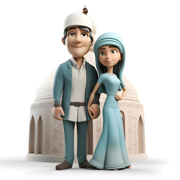 3d illustration of muslim couple with mosque on a white background