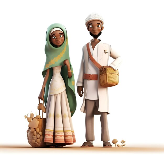 Photo 3d illustration of a muslim couple with traditional clothes and accessories