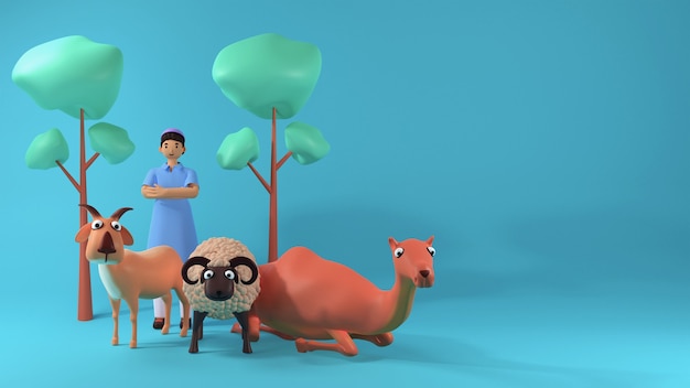 空色の背景に漫画の動物や木々と立っているイスラム教徒の少年の3Dイラスト。