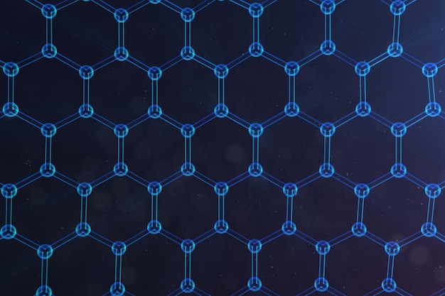 3d illustration nanotechnology, glowing hexagonal geometric form close-up, concept graphene atomic structure, concept graphene molecular structure. science illustration