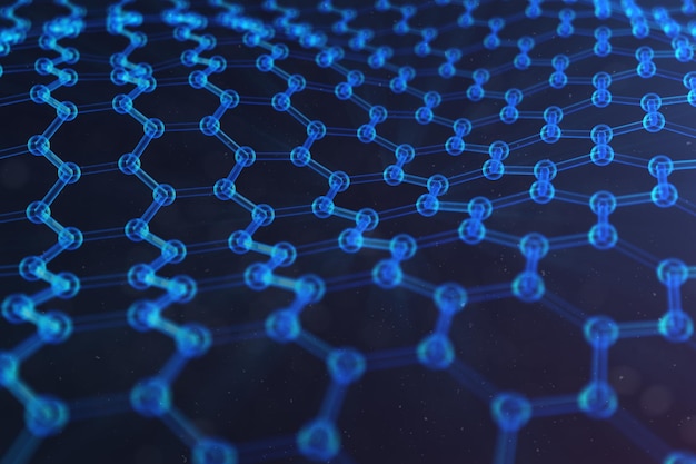 Foto illustrazione 3d nanotecnologia, primo piano di forma geometrica esagonale luminosa, struttura atomica di grafene concettuale, struttura molecolare di grafene concettuale. illustrazione della scienza