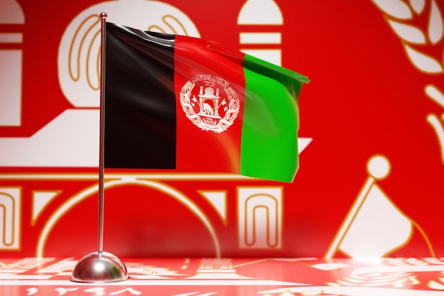 펄럭이는 금속 깃대에 아프가니스탄 국기의 3D 그림. 국가 기호입니다.