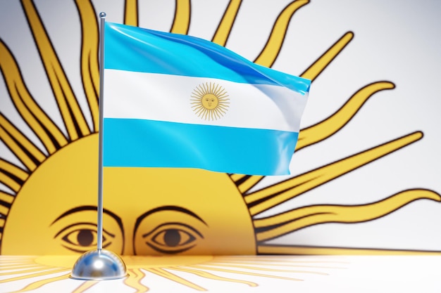 3D illustration of the national flag of Argentina on a metal flagpole fluttering .Country symbol.
