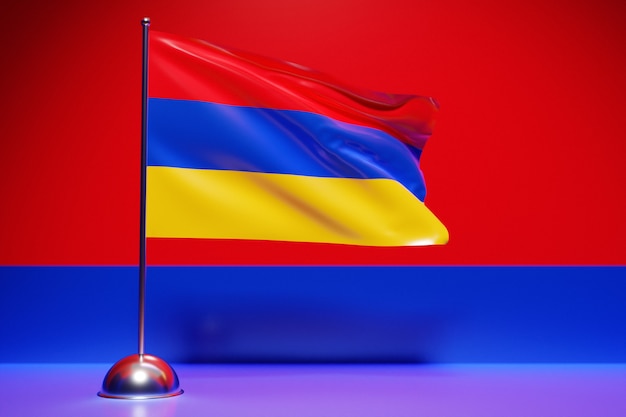 3D illustration of the national flag of Armenia on a metal flagpole fluttering .Country symbol.