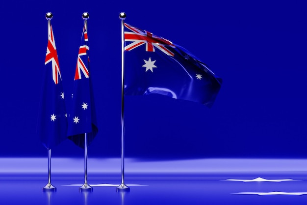 3D illustration of the national flag of Australia on a metal flagpole fluttering .Country symbol.