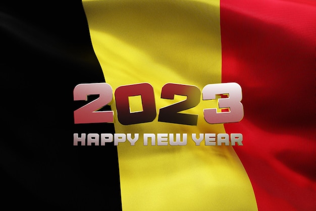 3d illustration of the national flag of Belgium with a congratulatory inscription happy new year 2023