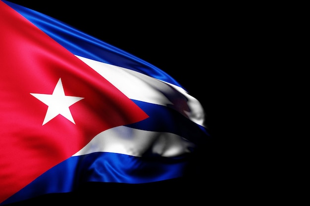 3D illustration of the national flag of Cuba on a metal flagpole fluttering against the black isolated background. Country symbol.