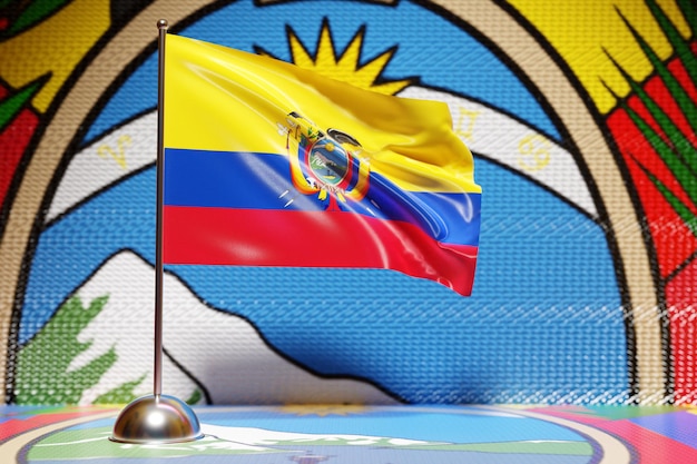 金属の旗竿がはためくエクアドルの国旗の3Dイラスト。国のシンボル。