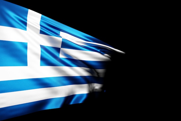 3d illustration of the national flag of greece on a metal\
flagpole fluttering against the black isolated background. country\
symbol.