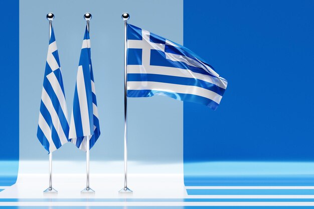 3D illustration of the national flag of Greece on a metal flagpole fluttering .Country symbol.