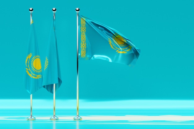 3D иллюстрация государственного флага Казахстана на развевающемся металлическом флагштоке. Символ страны.