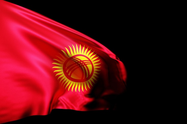 검은색 외진 배경에 펄럭이는 금속 깃대에 키르기스스탄 국기의 3D 그림. 국가 상징.