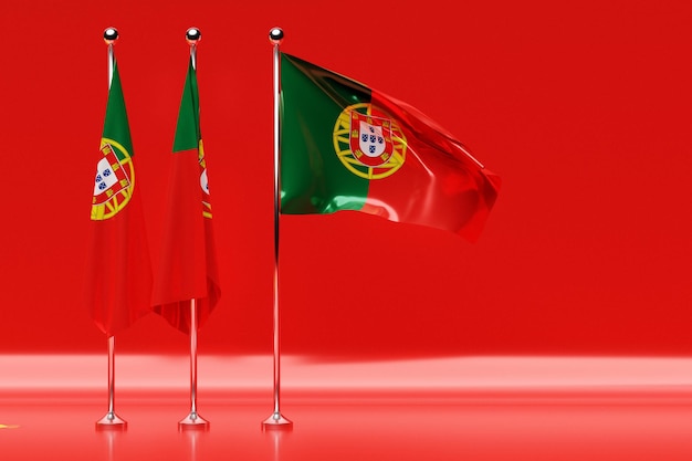 3D illustration of the national flag of Portugal on a metal flagpole fluttering .Country symbol.