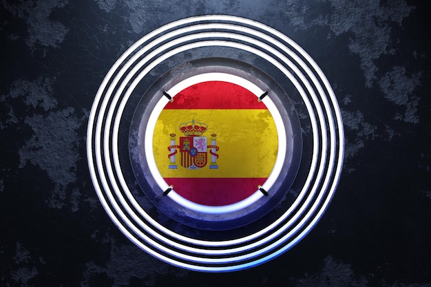 3D illustration of the national flag of Spain in a pink and blue neon round frame on a black background