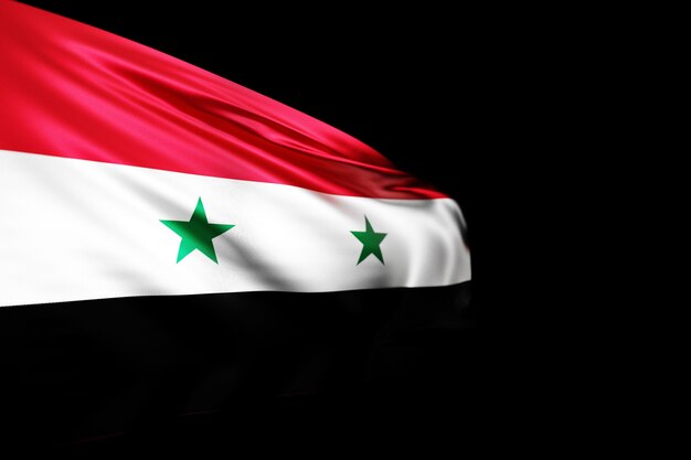 3D illustration of the national flag of Syria on a metal flagpole fluttering against the blacl isolated background. Country symbol.