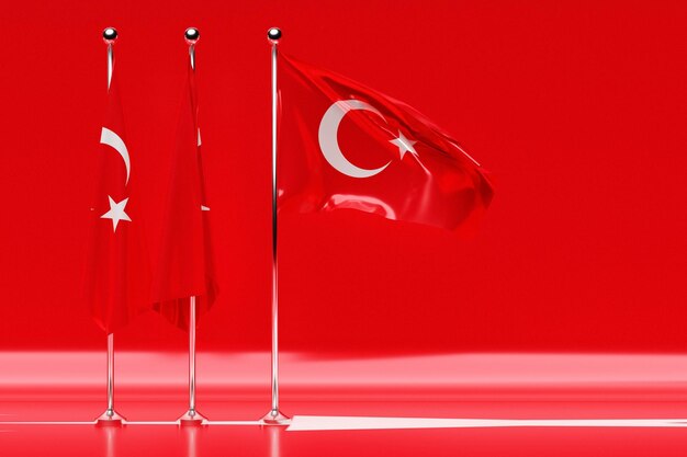 Illustrazione 3d della bandiera nazionale della turchia su un pennone metallico svolazzante. simbolo del paese.