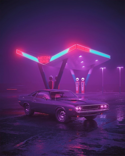 3D illustration of neon gas station and retro car Fog rain and night Colour reflections on asphalt