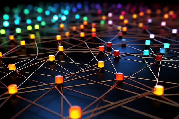 3D illustration of a network of glowing nodes and connections representing a decentralized network