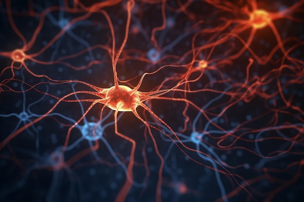 3d иллюстрация сети нейронных клеток со светящимися соединениями