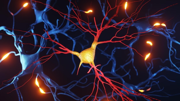 3d illustration of neuron cells with light pulses on a dark background