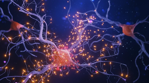 Photo 3d illustration of neuron cells with light pulses on a dark background
